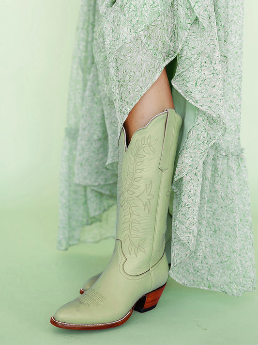Leaves Embroidery Almond-Toe Wide Knee High Cowgirl Boots - Green