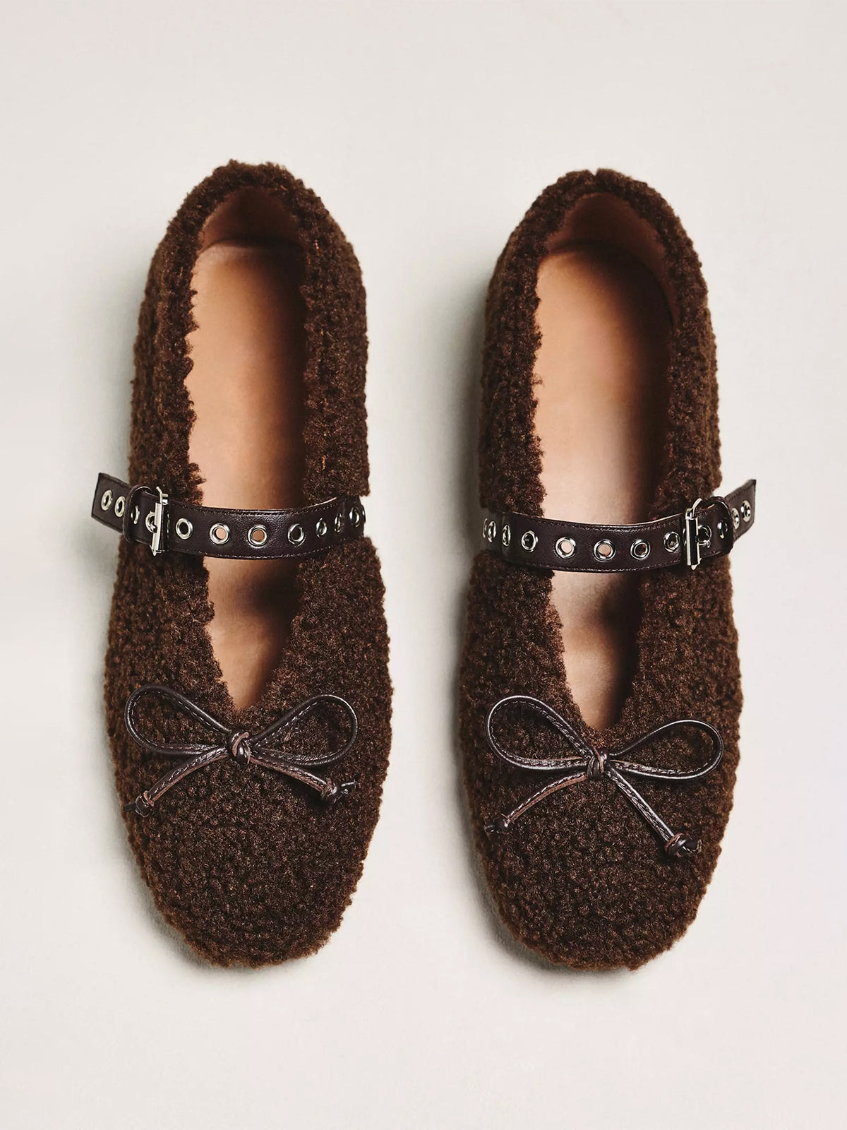 Chocolate Plush Square-Toe Front Bow Mary Jane Ballet Flats