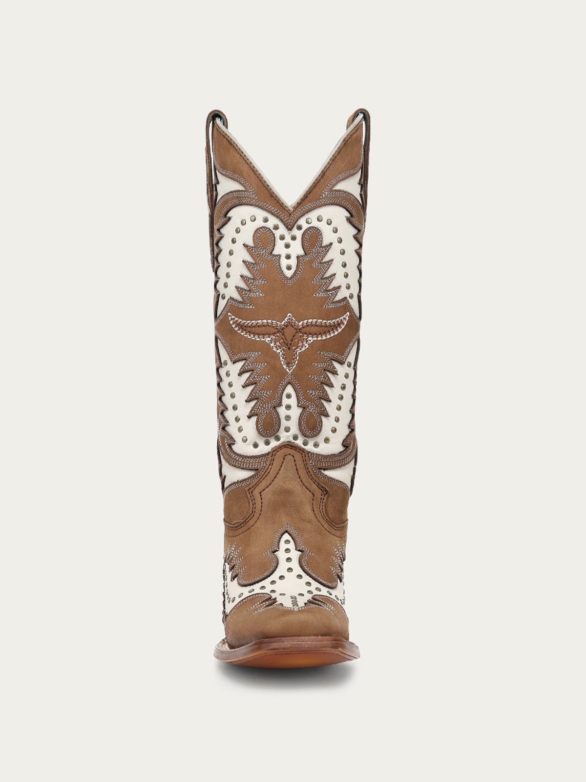 Brown Square-Toe White Inlay And Studs Chic Mid Calf Cowgirl Boots
