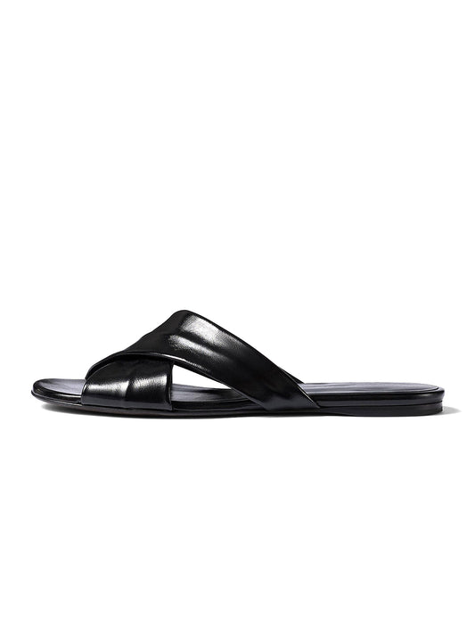 Black Square-Toe Cris-Crossed Straps Slip-On Flat Sandals