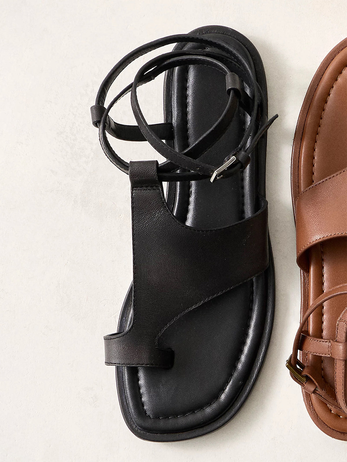 Black Square-Toe Multi-Wrap Ankle Straps Flats