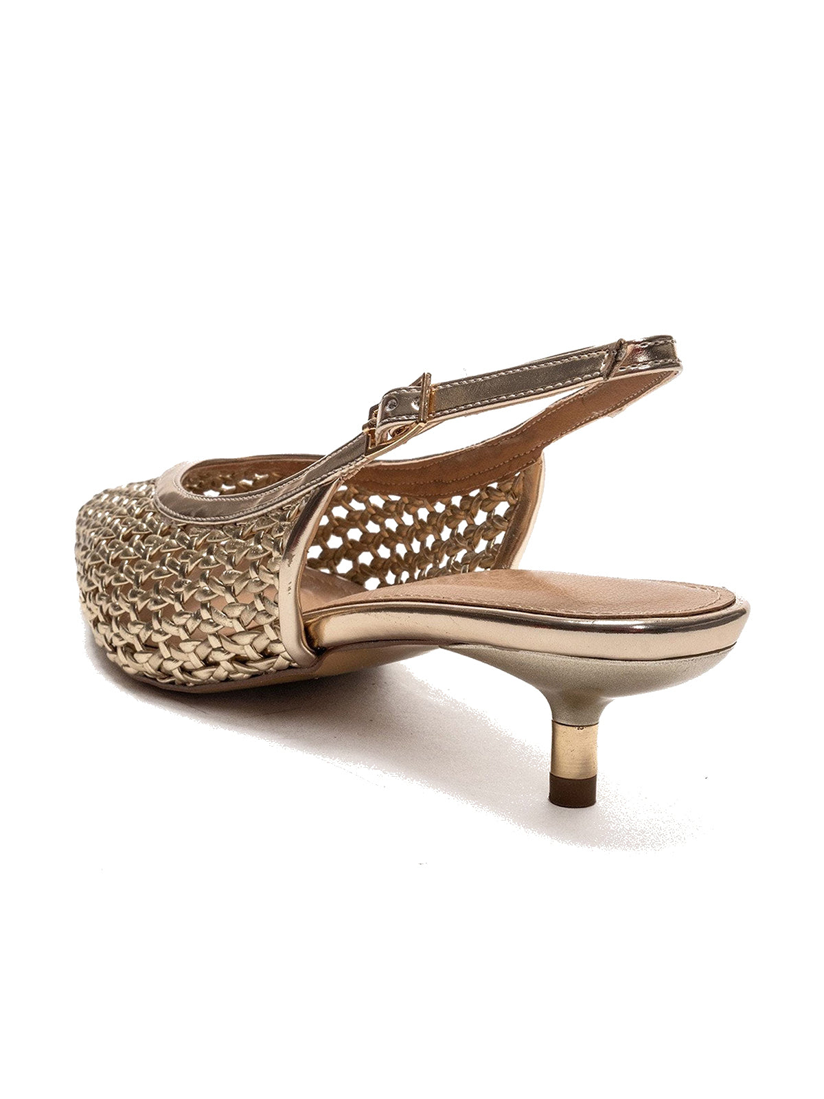 Metallic Gold Woven Vegan Leather Pointed-Toe Classic Back Strap Pumps Kitten Heels