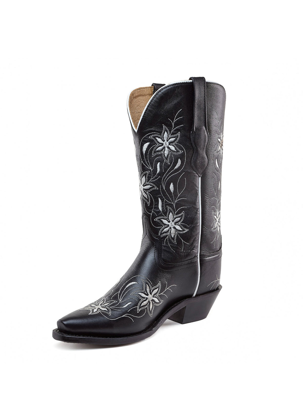 Black Snip-Toe Floral Embroidery Mid Calf Cowgirl Boots