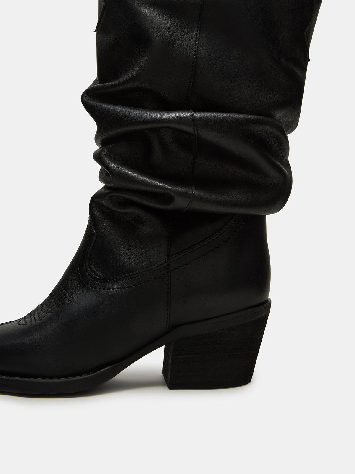 Black Pointed-Toe Scrunched Tall Knee High Wide Calf Cowgirl Boots