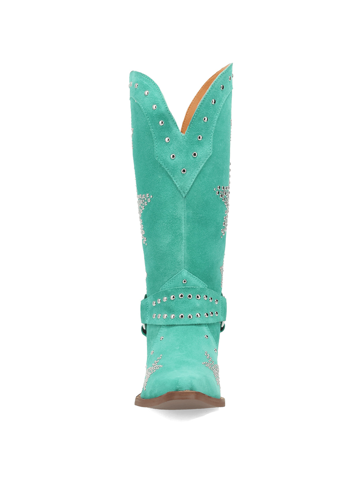 Green Faux Suede Snip-Toe Studded Stars Buckle Strap Mid Calf Cowgirl Boots