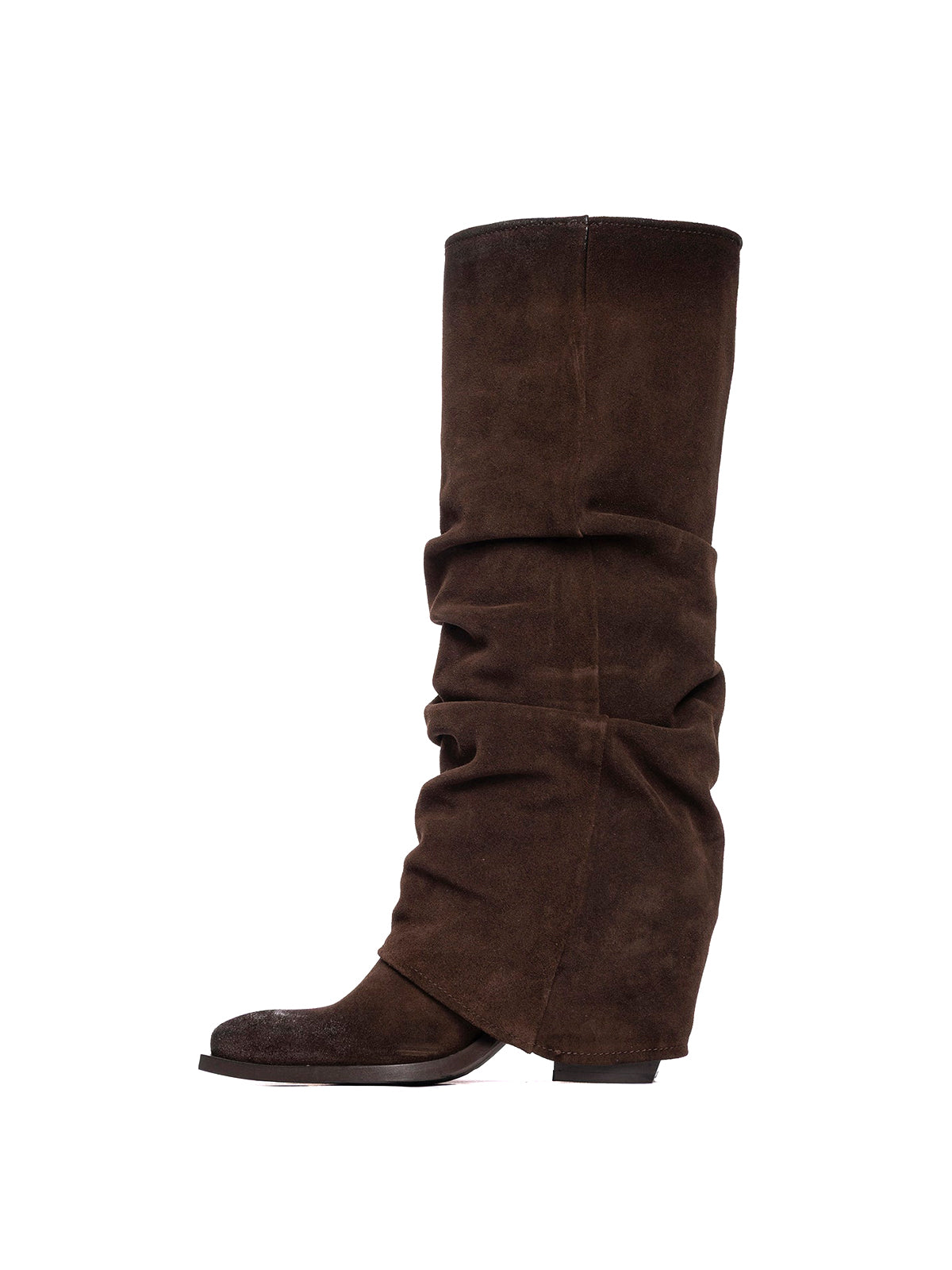 Brown Faux Suede Snip-Toe Fold-Over Wide Calf Tall Knee High Cowgirl Boots