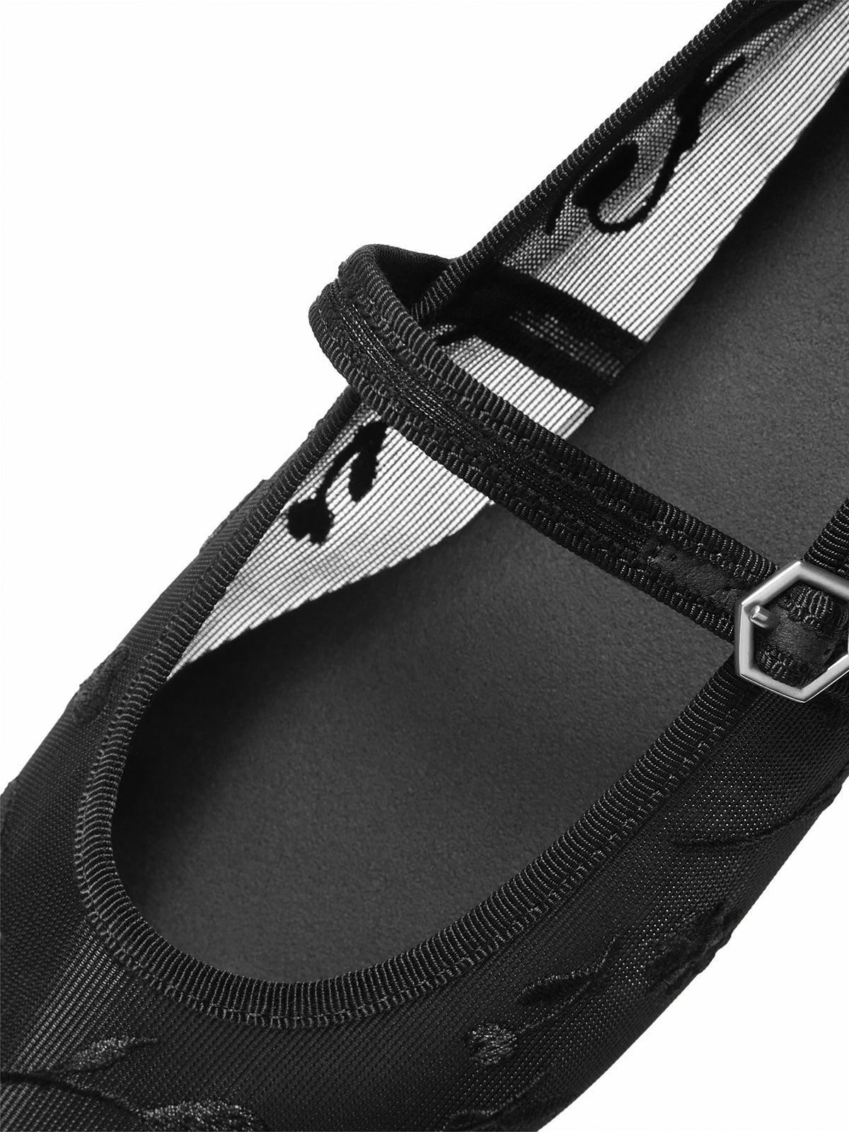Mesh And Satin Square-Toe Floral Embroidery Mary Jane Flats - Black