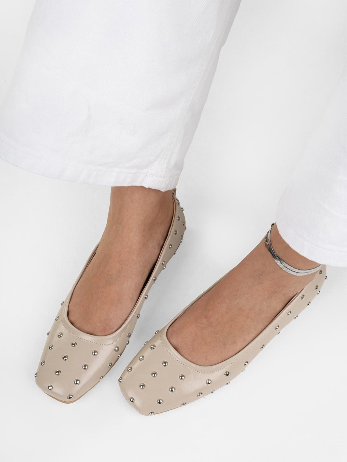 Beige Square-Toe Tiny Studs Slip-On Flats