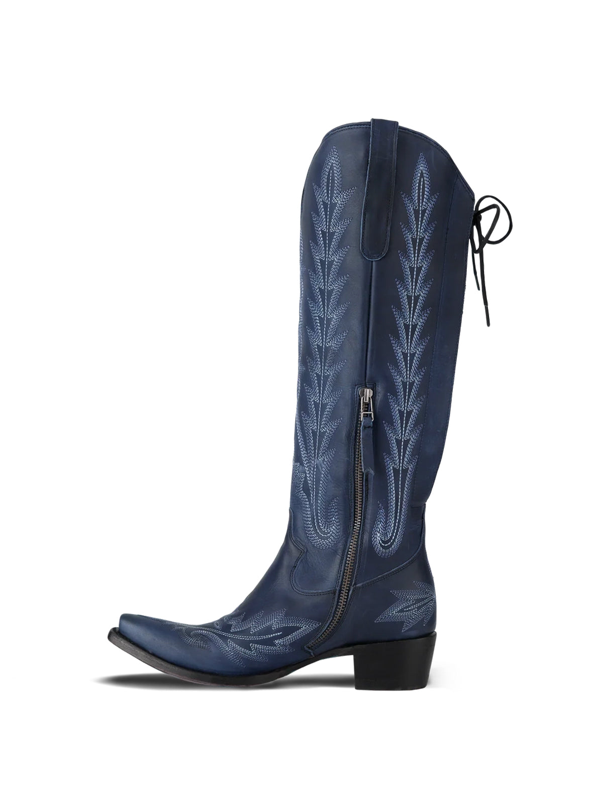 Snip-Toe Embroidery Half-Zip Back Lace-Up Knee High Cowgirl Boots - Navy