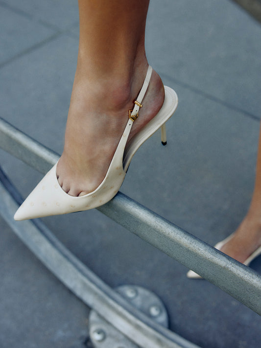 Bone Ostrich Pattern Pointed-Toe Classic Slingback High Heels Pumps