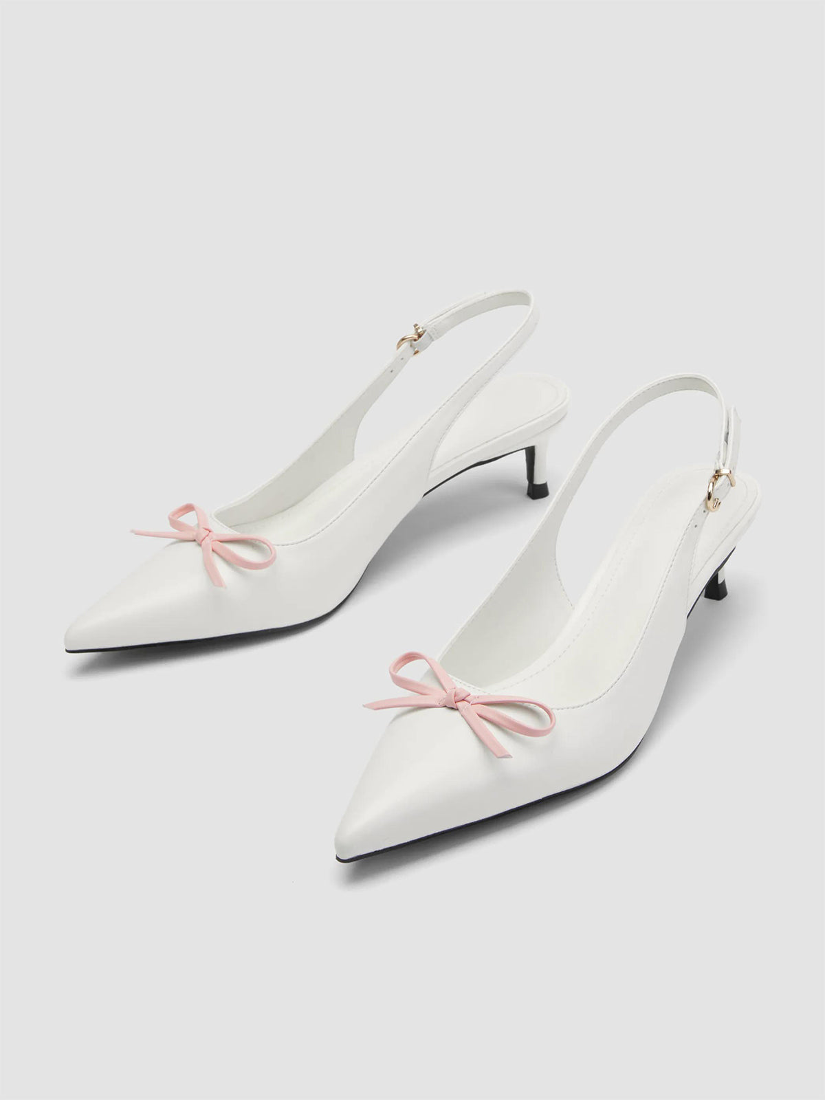 White Pointed-Toe Front Bow Buckle Back Strap Kitten Heels