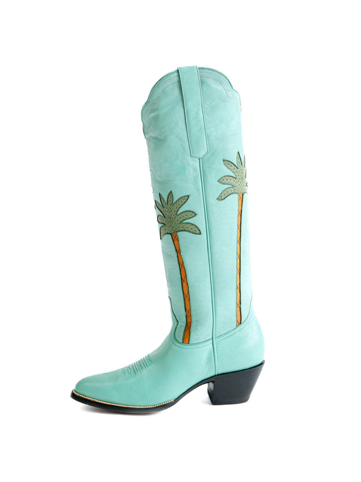 Light Green Almond-Toe Palm And Flowers Inlay Wide Calf Tall Knee High Cowgirl Boots
