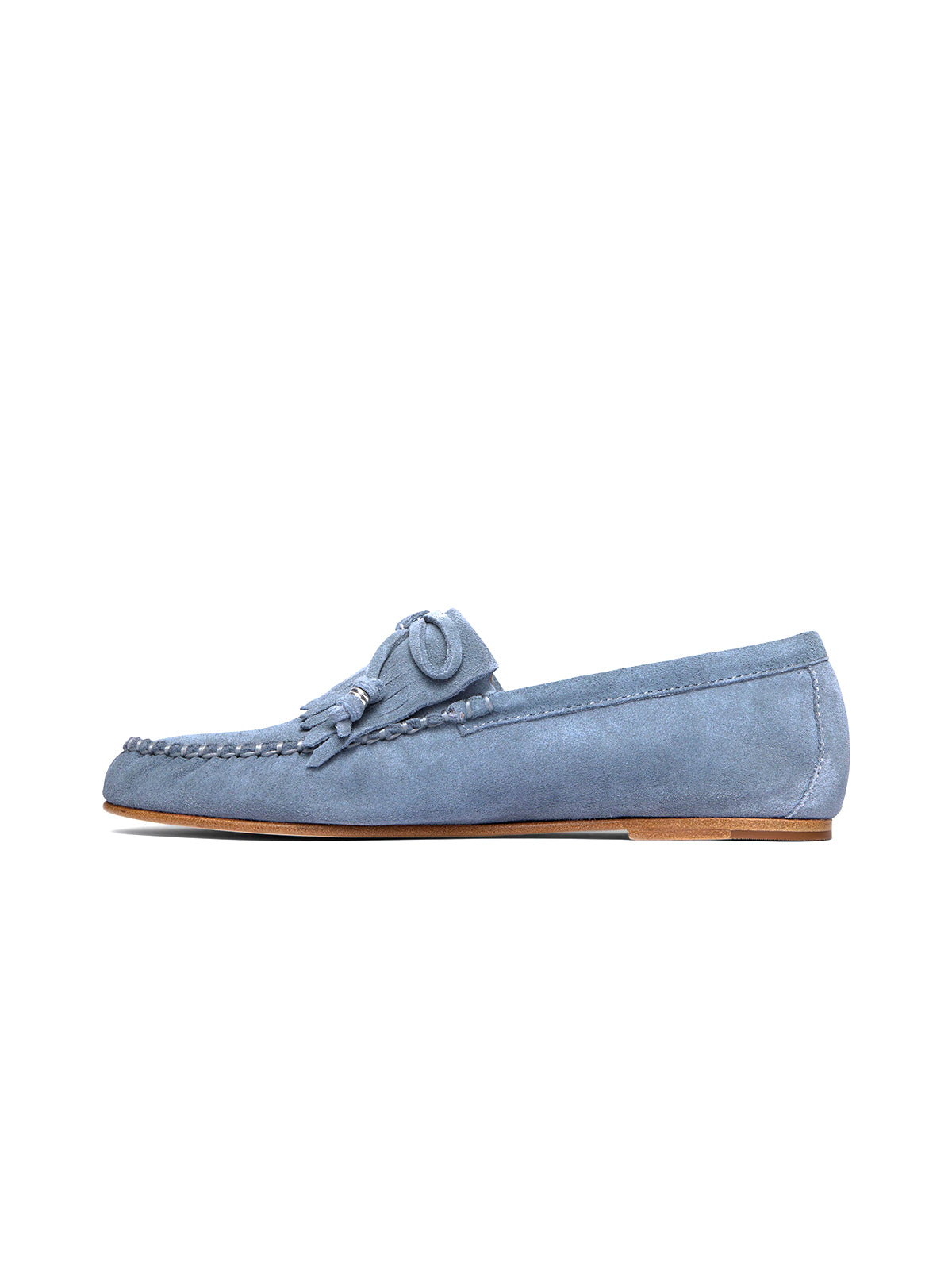 Blue Cow Suede Round-Toe Front Fringe And Bow Loafers Flats