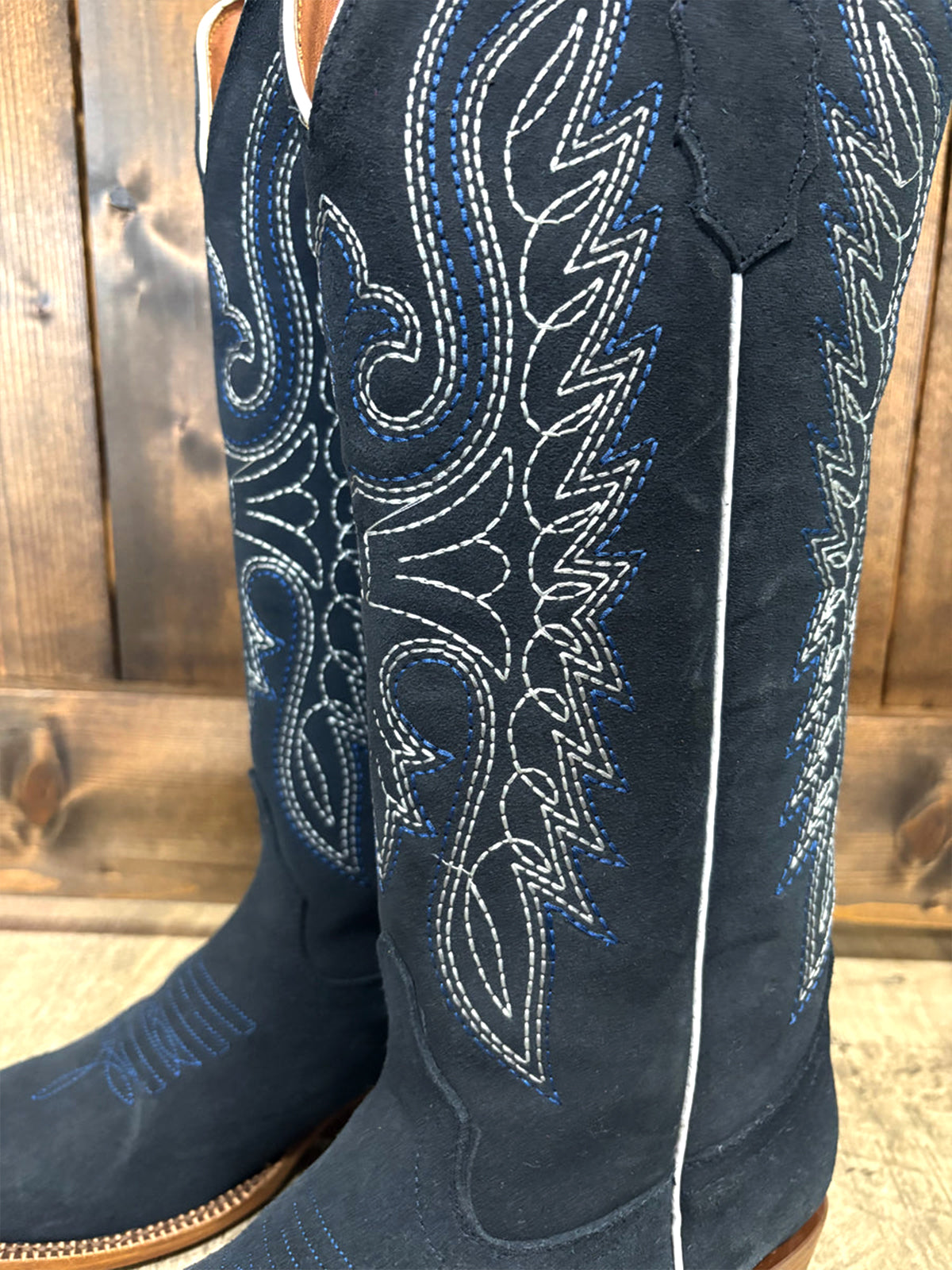 Navy Faux Suede Square-Toe Classic Embroidery Wide Calf Knee High Cowgirl Boots