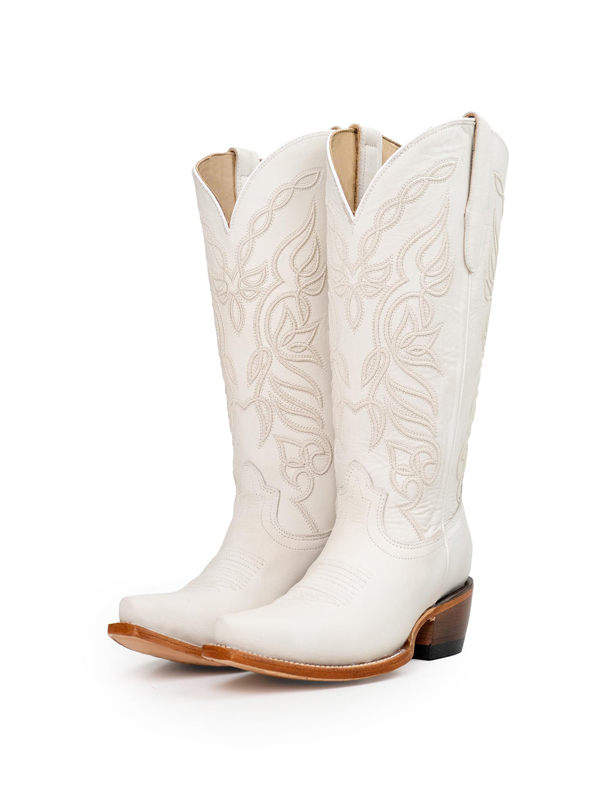 Snip-Toe Sleek Embroidery Half-Zip Knee High Cowgirl Boots For Woman - Ivory