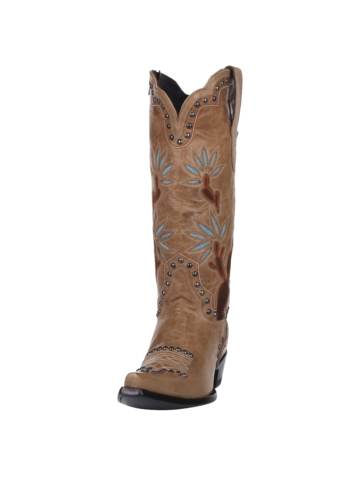 Tan Snip-Toe Cactus Inlay Studded Full-Zip Knee High Cowgirl Boots