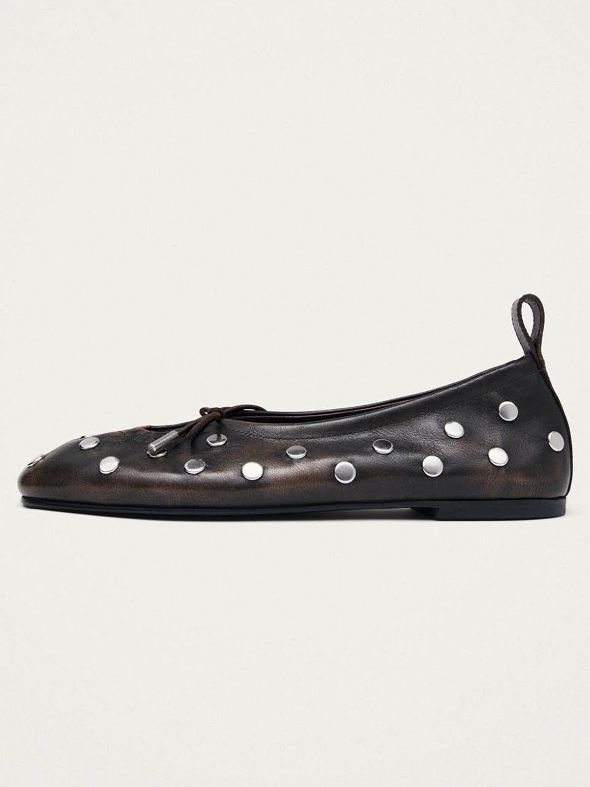 Brown Square-Toe Full Studs And Front Bow Chic Ballet Flats