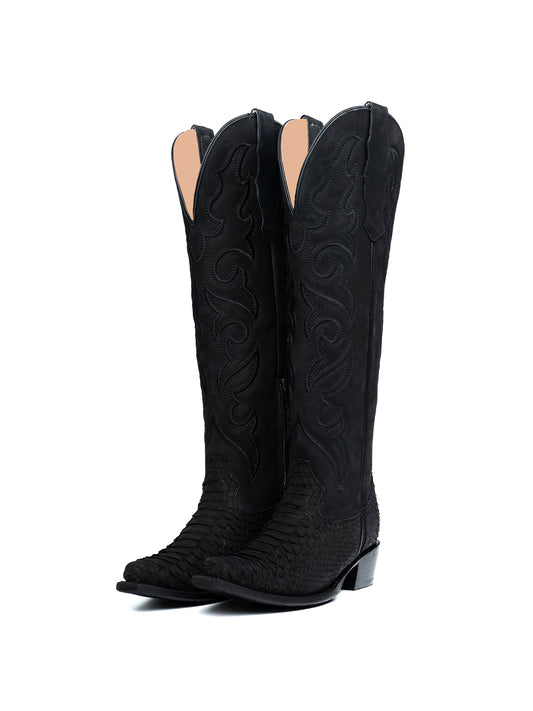 Black Snakeskin Print And Faux suede Snip-Toe Embroidery Half-Zip Knee High Cowgirl Boots