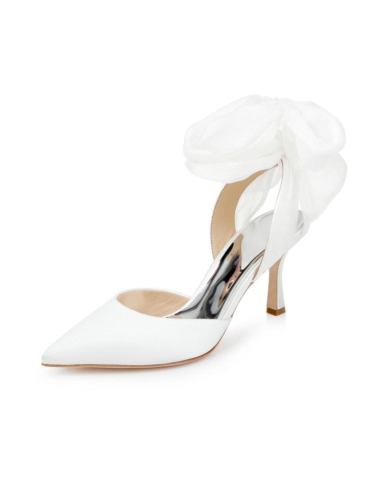 White Satin Pointed-Toe Back Strap And Ankle Bow Strap High Heels