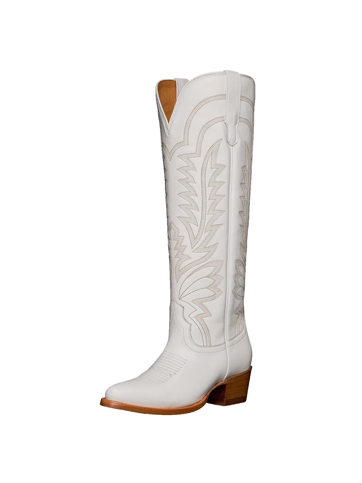 Western Embroidery Almond-Toe Tall Knee High Cowgirl Boots - White