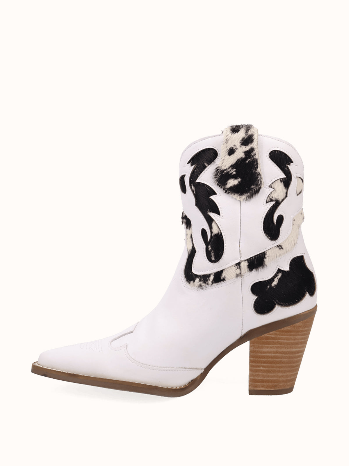 White And Cow Pattern Snip-Toe Sleek Ankle Cowgirl Boots