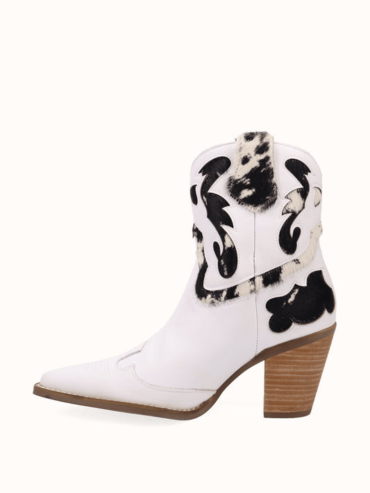 White And Cow Pattern Snip-Toe Sleek Ankle Cowgirl Boots