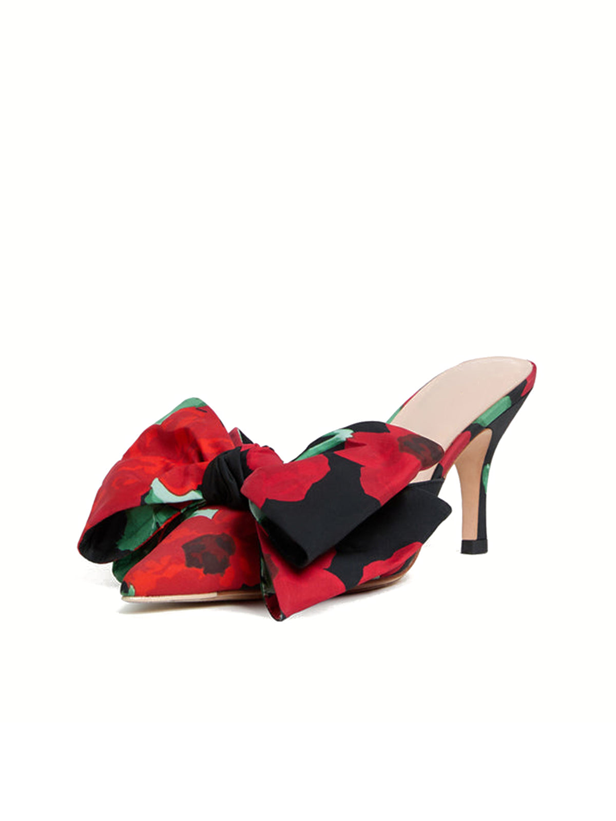 Contrast Tri-Color Flower Figured Cloth Pointed-Toe Front Big Bow Backless High Heels