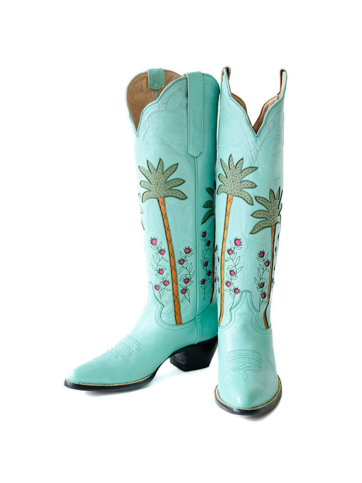 Light Green Almond-Toe Wide Calf Western Boots Knee High Tall Boots With Green Palm Inlay