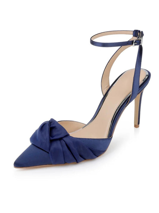 Navy Satin Pointed-Toe Front Soft Knot Slingback Ankle Strap High Heels