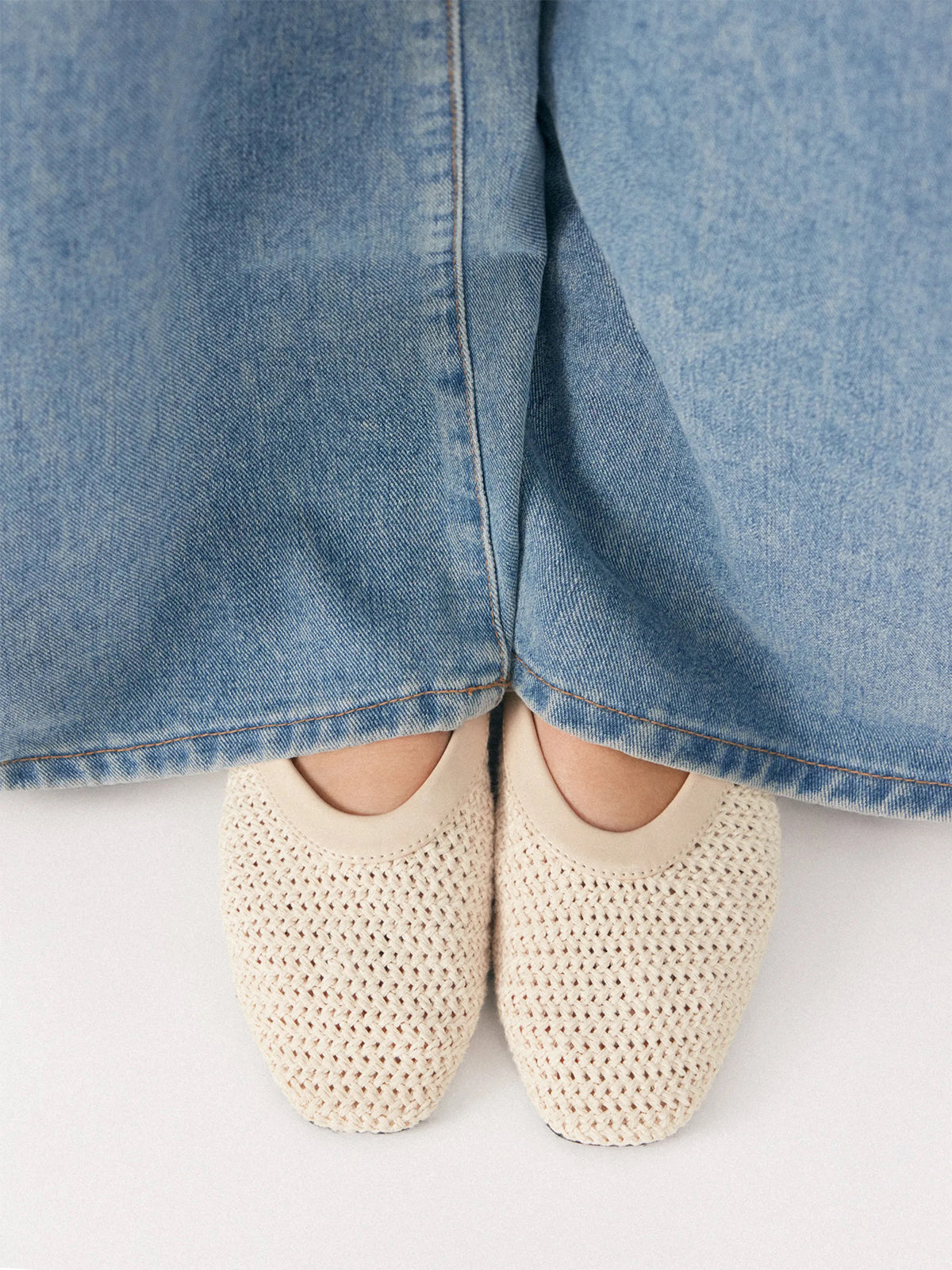 Cream Woven Square-Toe Classic Mary Jane Flats