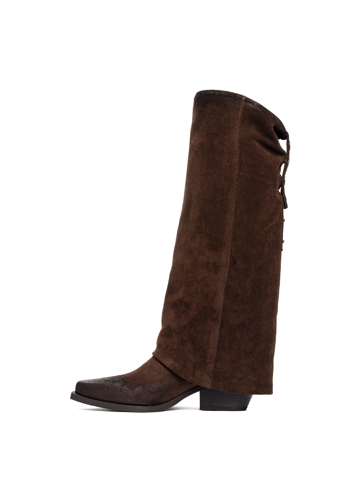 Dark Brown Faux Suede Snip-Toe Fold-Over Back Studs Wide Calf Knee High Cowgirl Boots