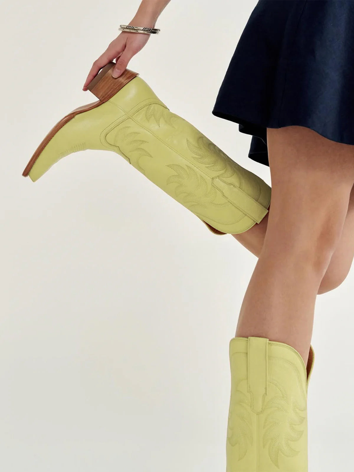 Lemon Green Snip-Toe Embroidery Wide Calf Knee High Cowgirl Boots