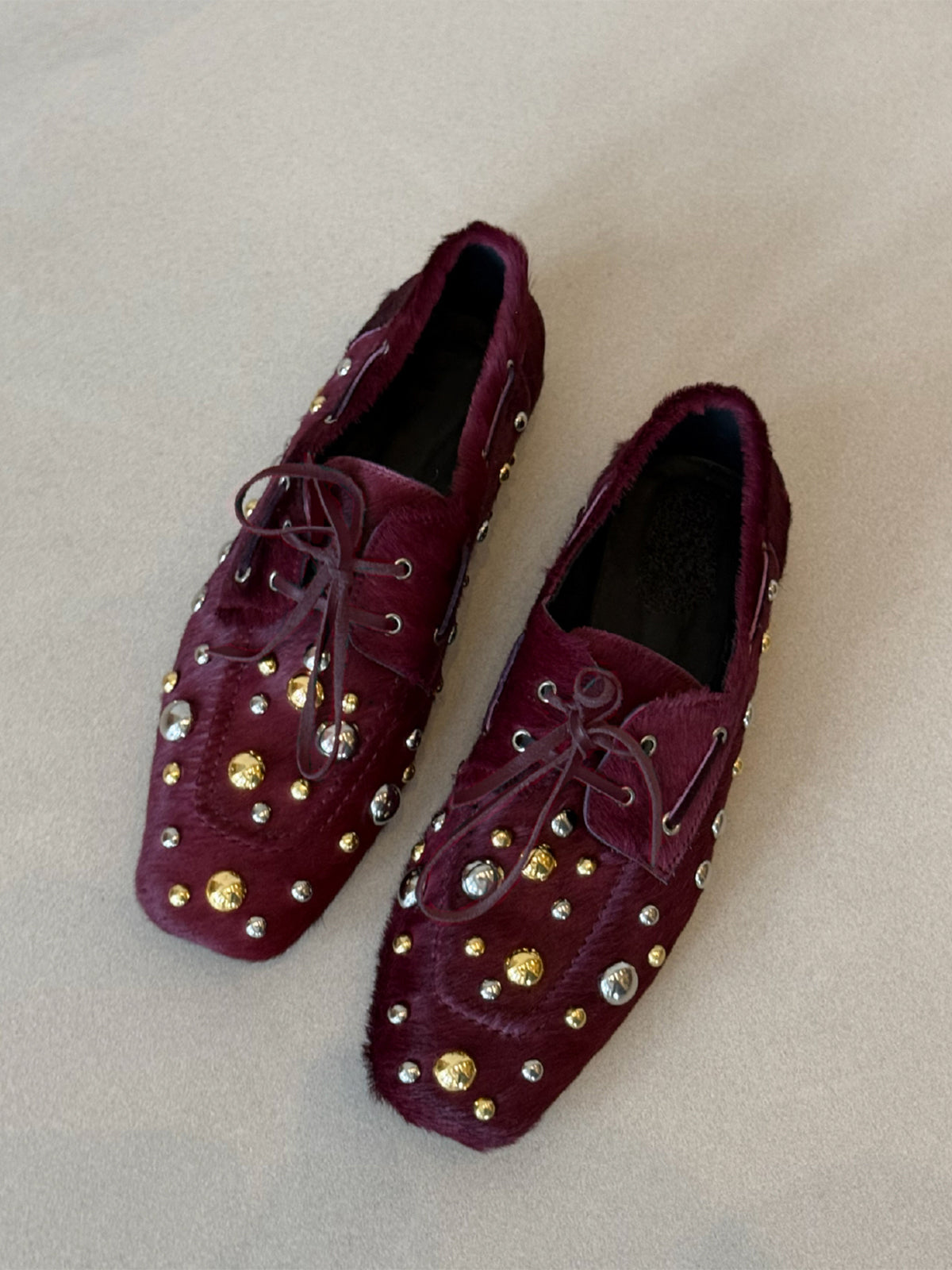 Burgundy Pony Hair Vegan Leather Square-Toe Studs And Bow Flats