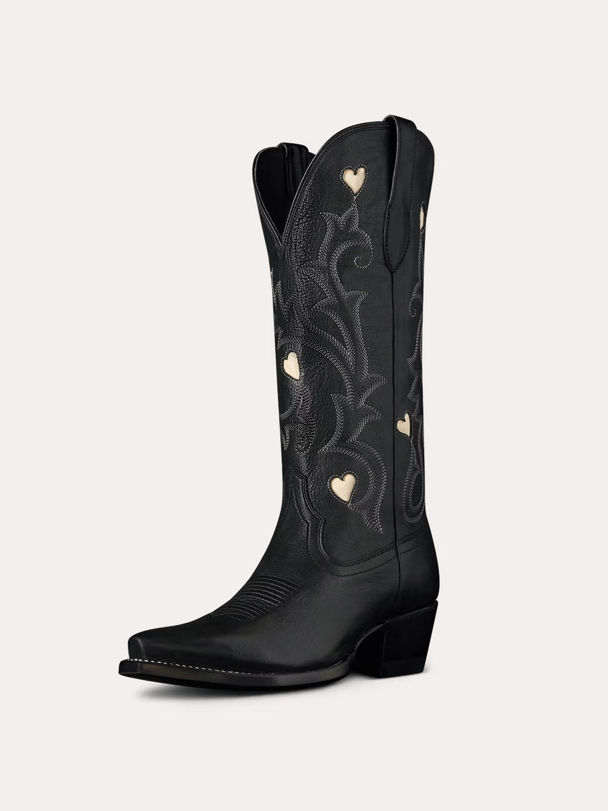 Black Snip-Toe Embroidery White Heart Inlay Mid Calf Cowgirl Boots