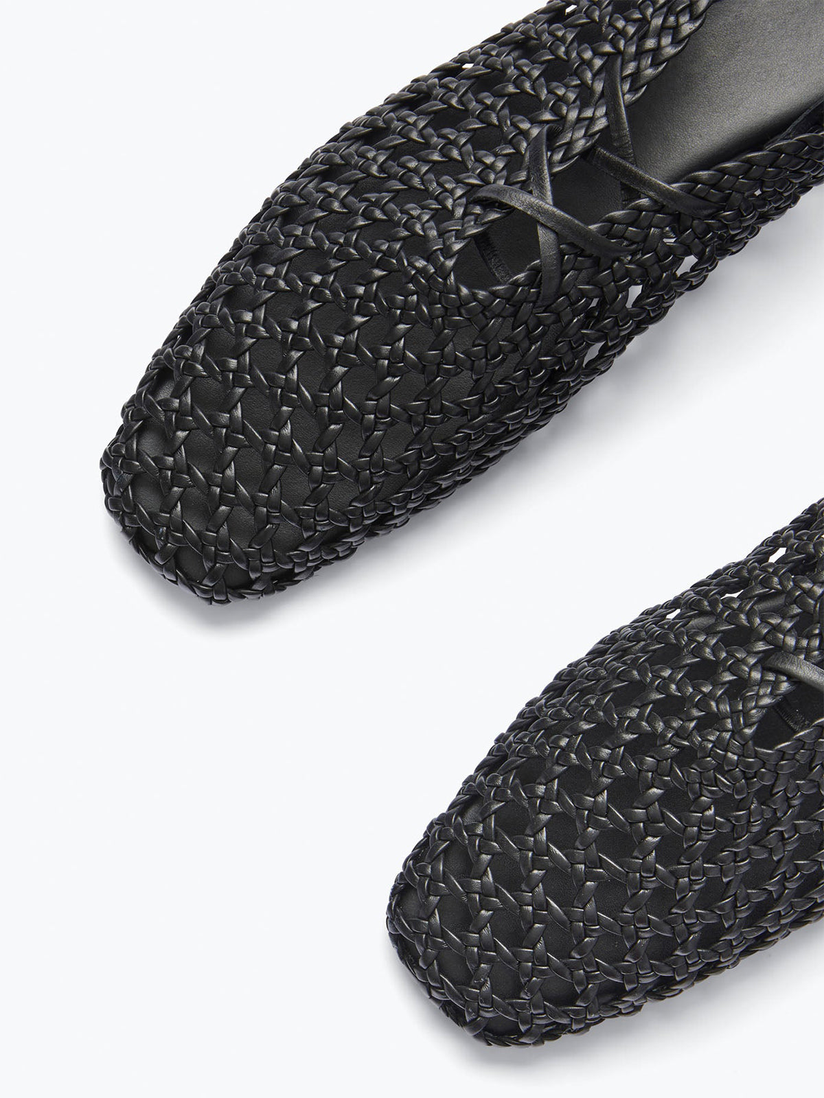Woven Vegan Leather Square-Toe Ankle Lace-Up Backless Flats - Black