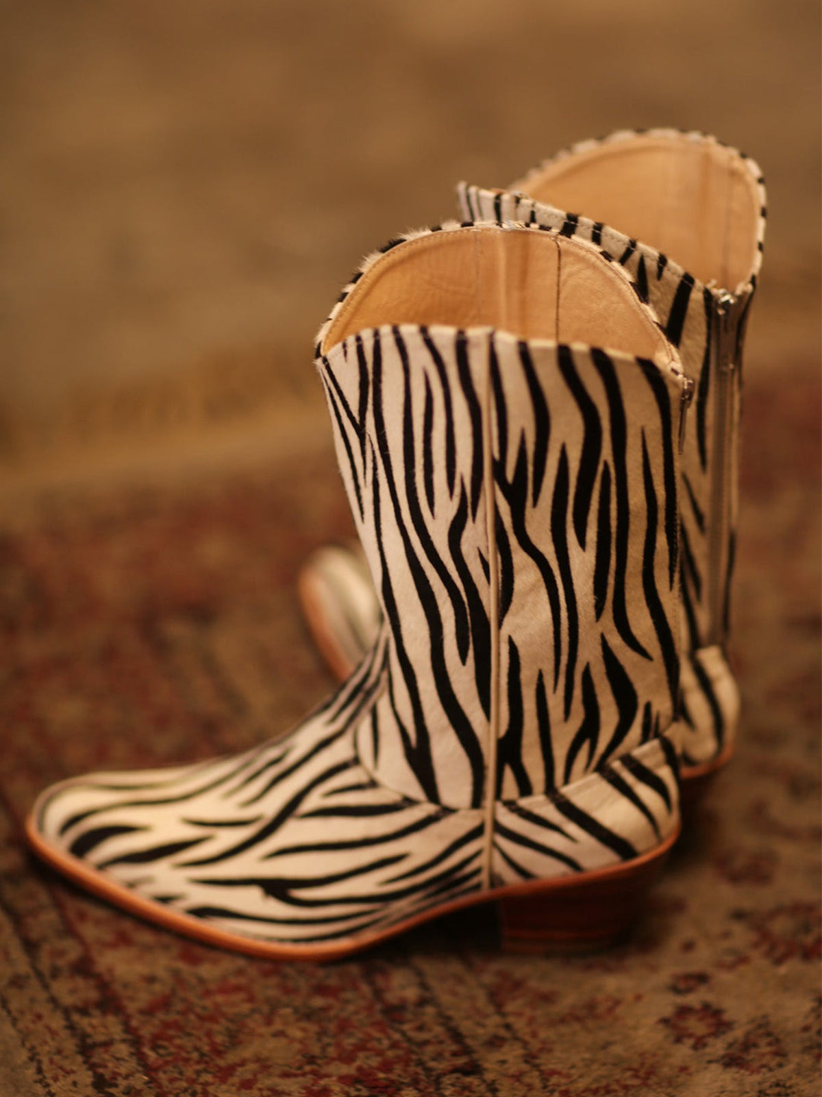 Classic Zebra Print Round-Toe Back Full-Zip Simple Cowgirl Boots