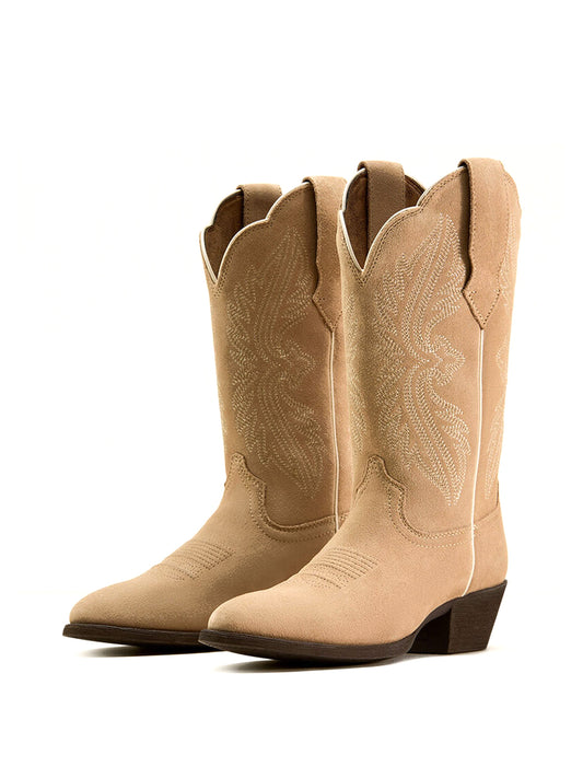 Taupe Faux Suede Embroidery Almond-Toe Mid Calf Cowgirl Boots