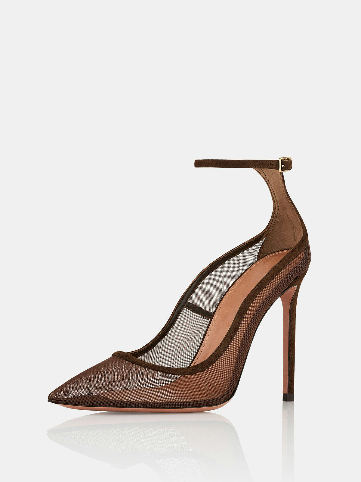 Brown Mesh Pointed-Toe High Heels Pumps With Ankle Strap