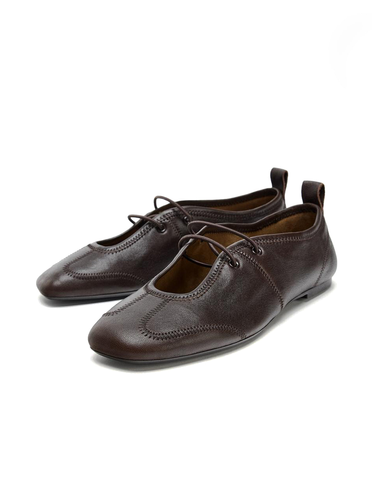 Brown Square-Toe Lace-Up Chic Ballet Flats