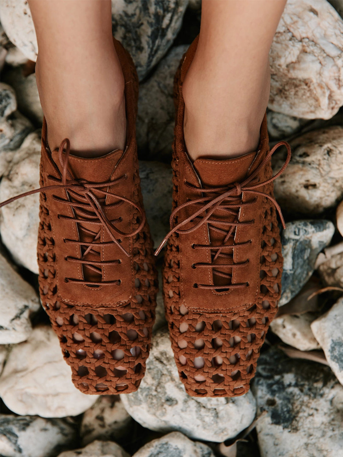 Brown Woven Faux Suede Square-Toe Lace-Up Chic Flats