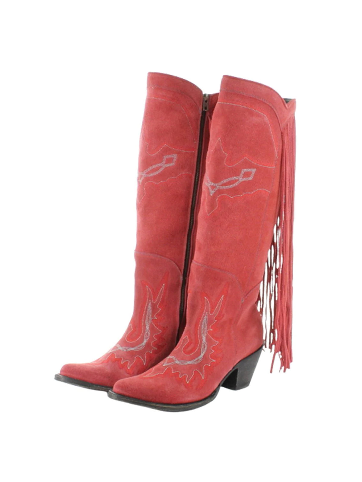 Almond-Toe Faux Suede Fringe Full-Zip Embroidery Knee High Cowgirl Boots - Red