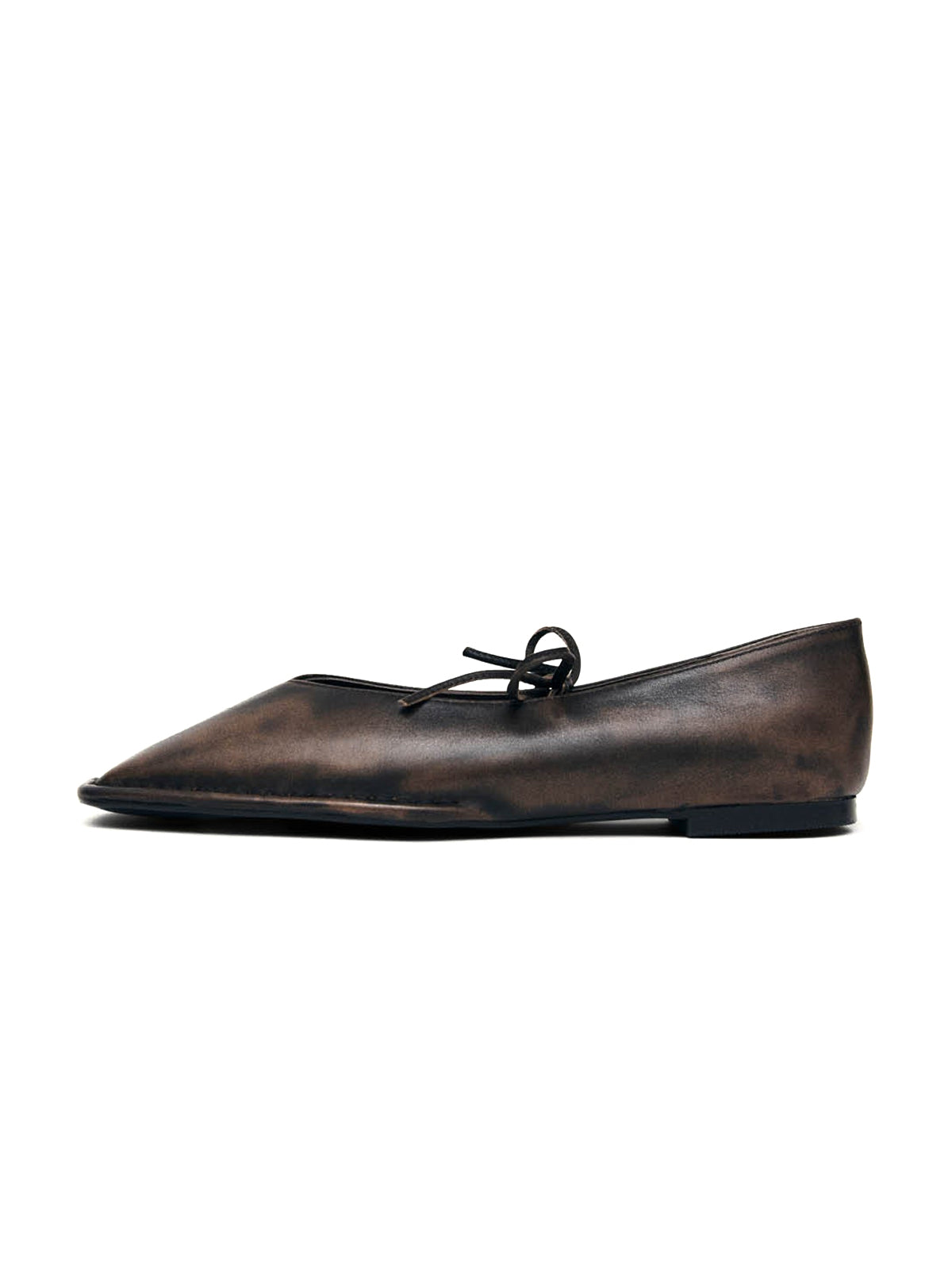 Brown Square-Toe Studs And Middle Strap Ballet Flats