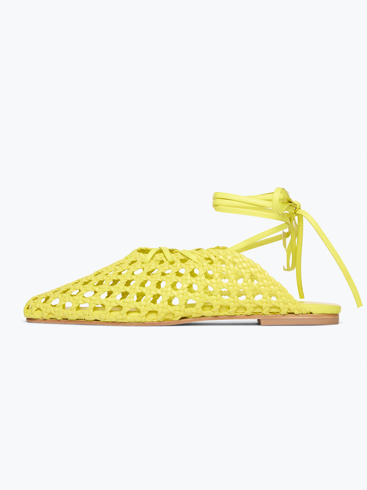 Woven Vegan Leather Square-Toe Ankle Lace-Up Backless Flats - Yellow