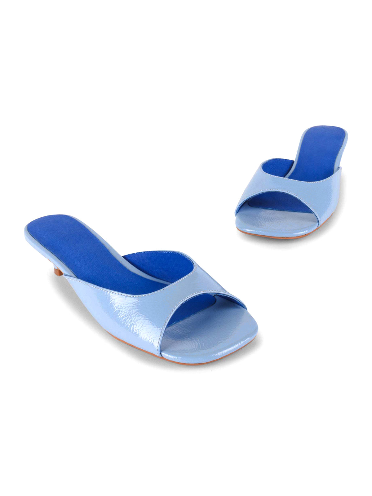 Patent Blue Peep Square-Toe Backless Kitten Heels