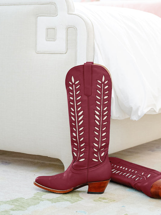 Almond-Toe White Leaves Inlay Wide Calf Tall Knee High Cowgirl Boots - Wine Red