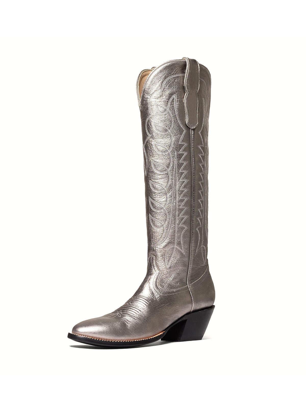 Metallic Silver Classic Almond-Toe Embroidery Tall Knee High Wide Calf Cowgirl Boots