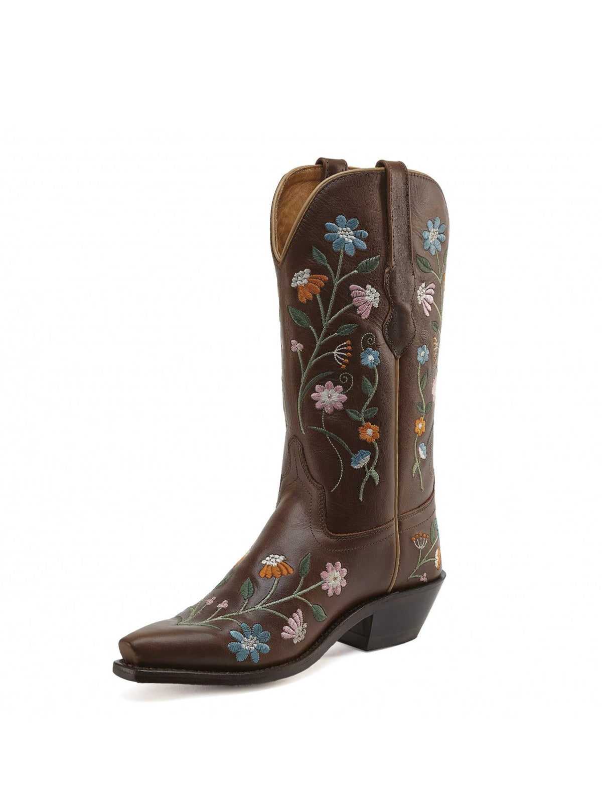 Dark Brown Floral Embroidery Snip-Toe Wide Mid Calf Cowgirl Boots