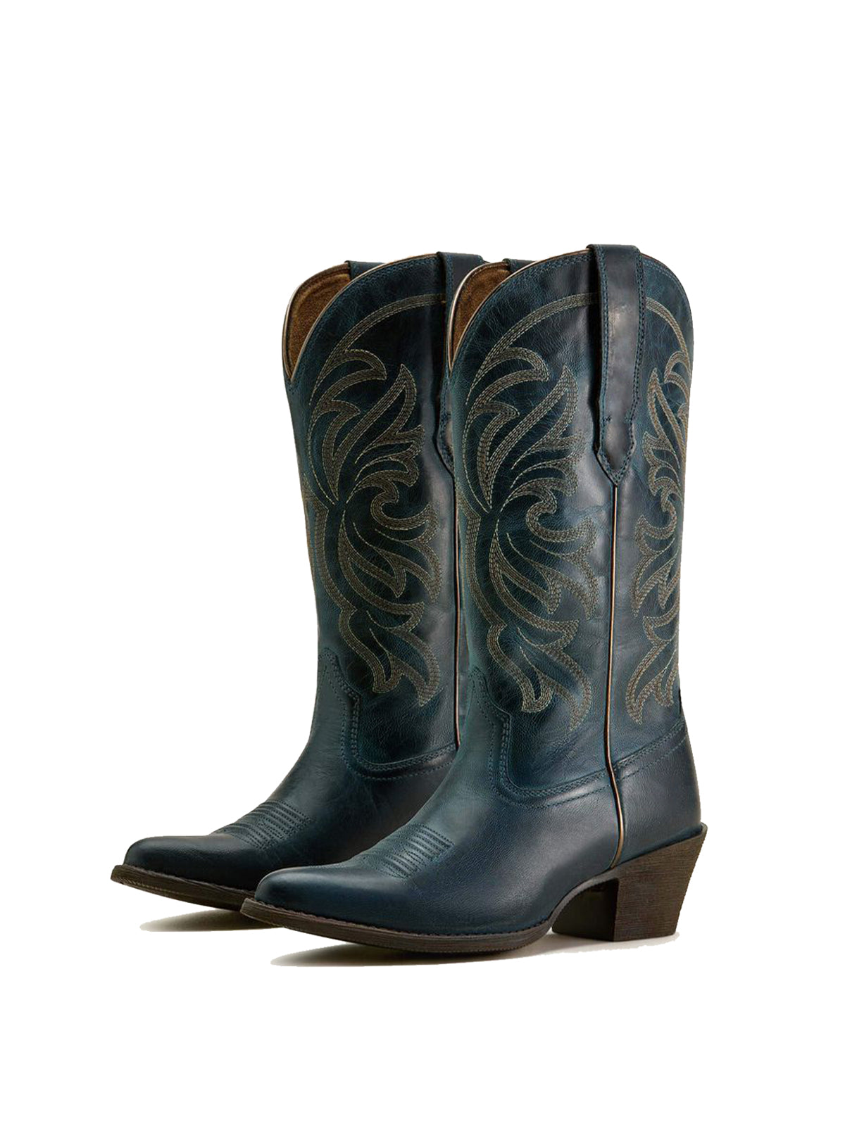 Mid Calf Almond-Toe Embroidery Cowgirl Boots - Dark Denim Blue