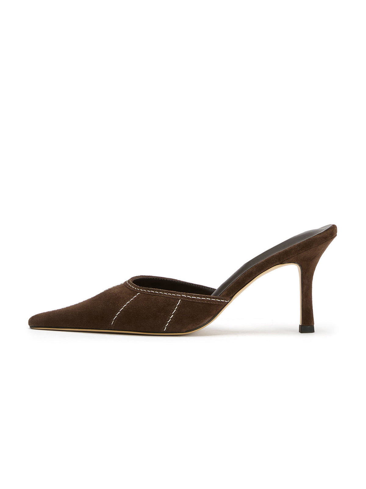 Coffee Faux Suede Pointed-Toe Stitch Backless High Heels