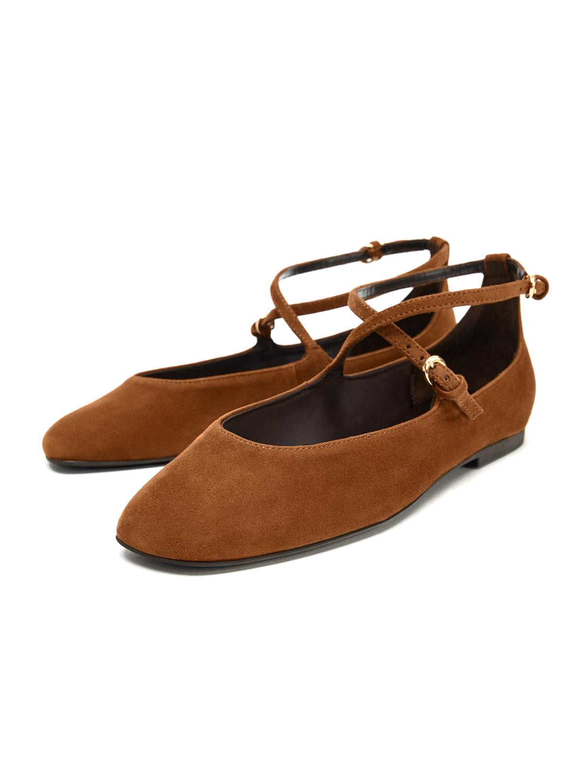 Brown Faux Suede Round-Toe Buckle Ankle Strap Ballet Flats